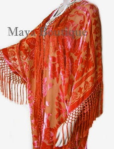 Maya Matazaro Orange Kimono Fringe Jacket Opera Coat Silk Burnout Velvet