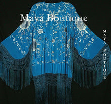 Flamenco Embroidered Silk Fringe Jacket Kimono Teal & Gray Short Maya Matazaro