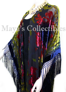 Maya Matazaro Tye Dye Pink Gold Blue Fringe Kimono Burrnout Velvet Jacket Coat