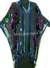 Caftan Kimono Duster Beaded Silk Burnout Velvet Tye Dye Blue Multi Maya Matazaro