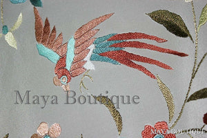 Maya Matazaro Embroidered Silk Fringe Jacket Kimono Silver Gray Birds & Flower