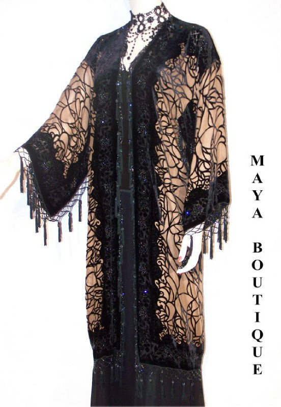 Fringe Jacket Kimono Silk Burnout Velvet Beaded Spider Black Beige Maya Matazaro
