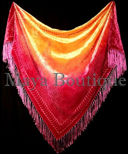 Hand Dyed Shawl Burnout Velvet Triangle Fuchsia & Coral Maya Matazaro