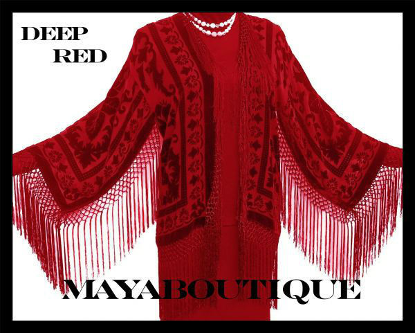 Deep Red Burnout Velvet Silk Fringe Jacket Kimono Maya Matazaro Made in USA