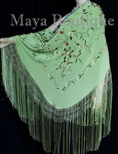 Silk Embroidered Flamenco Piano Shawl Wrap Mint Green Hand Dyed Maya Matazaro