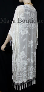 Ivory Beaded Silk Burnout Velvet Kimono Opera Coat Fringe Jacket Maya Matazaro