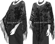 Black Silk Burnout Velvet Poncho Shawl Fringe Top Maya Matazaro One Size