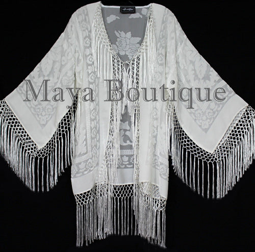 Maya Matazaro Ivory Fringes Jacket Kimono Short Coat Silk Burnout Velvet