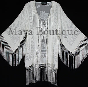 Maya Matazaro Ivory Fringes Jacket Kimono Short Coat Silk Burnout Velvet