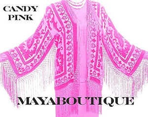 Candy Pink Silk Burnout Velvet Short Fringe Jacket Short Kimono Maya Jacket