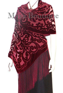 Maya Matazaro Shawl Wrap Scarf Burnout Velvet Art Nouveau Deep Red Fringed
