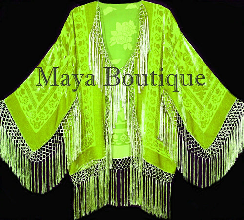 Fringe Jacket Short Kimono Duster Silk Burnout Velvet Lime Maya Boutique