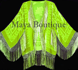 Fringe Jacket Short Kimono Duster Silk Burnout Velvet Lime Maya Boutique