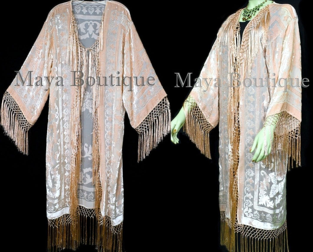 Peach Fringes Jacket Kimono Silk Burnout Velvet Flapper Style Maya Matazaro USA