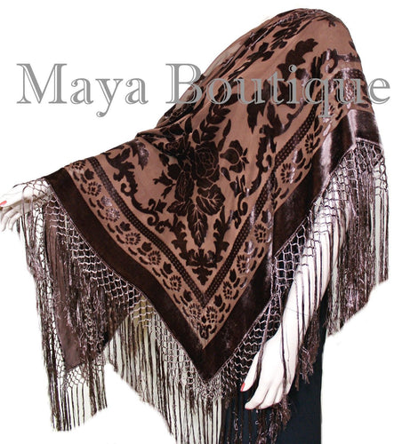 Maya Matazaro Piano Shawl Scarf Fringe Wrap Silk Burnout Velvet Chocolate Brown
