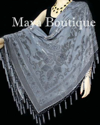 Gray Piano Shawl Scarf Wrap All Beaded Silk Burnout Velvet Maya Matazaro