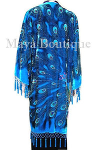 Beaded Peacock Silk Velvet Jacket Duster Kimono Coat Turquoise Maya Matazaro