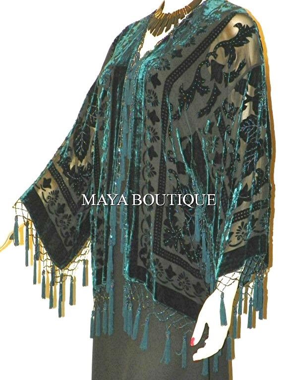 Beaded Silk Kimono Jacket Duster Burnout Velvet Dark Teal On Black Maya Matazaro