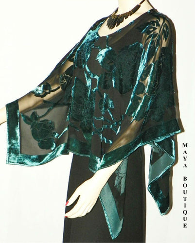 Silk Burnout Velvet Poncho Kimono Top Turquoise & Black No Fringe Maya Matazaro