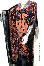 Caftan Duster Fringe Jacket Kimono Tangerine & Black Silk Burnout Velvet Maya