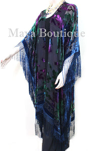 Maya Matazaro Tye Dye Navy Blue Multi Fringe Kimono Burrnout Velvet Jacket Coat