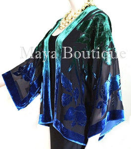 Silk Velvet Jacket Short Kimono No Fringe Hand Dyed Green Blue Maya Matazaro