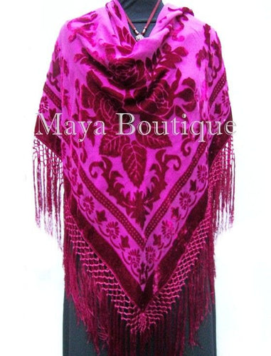Fuchsia Silk Burnout Velvet Piano Shawl Wrap Fringed Scarf Maya Matazaro