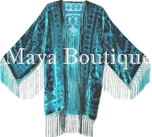 Teal Silk Burnout Velvet Fringe Jacket Kimono Short Maya Matazaro