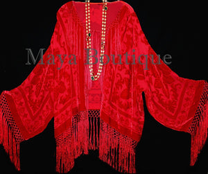 True Red Kimono Fringe Jacket SILK Burnout Velvet Short Maya Matazaro Plus Size