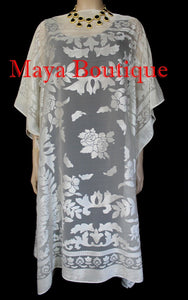 Burnout Velvet Caftan Dress Duster Kimono Ivory No Fringes Maya Matazaro USA