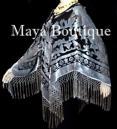 Poncho Shawl top With Fringe Silver Gray Black Burnout Velvet Maya Matazaro