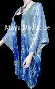 Maya Matazaro Blue Ombre Camellia Burnout Velvet Caftan Kimono Jacket Hand Dyed