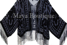 Fringe Jacket Burnout Velvet Short Kimono Black Maya Matazaro Plus size