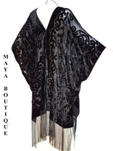 Maya Matazaro Caftan Kimono Duster Burnout Velvet Art Nouveau Black Made in USA