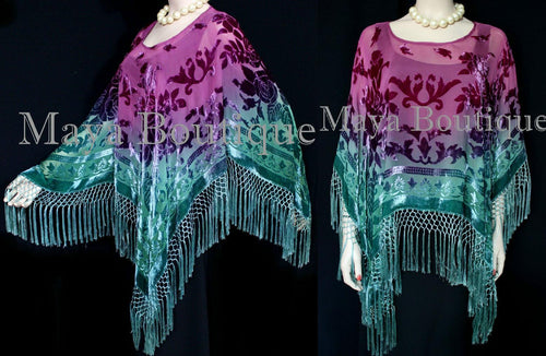Hand Dyed Silk Burnout Velvet Poncho Shawl Top Teal & Purple Maya Matazaro