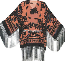 Tangerine & Black Fringe Jacket Kimono Bolero Silk Burnout Velvet Maya Matazaro