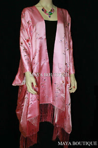Embroidered Silk Kimono Caftan Duster Opera Coat Rose Pink Maya Matazaro Plus