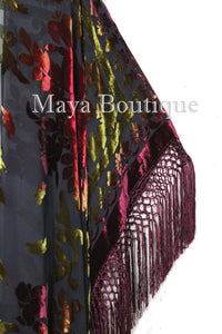 Maya Matazaro Tye Dye Burgundy Multi Fringe Kimono Burrnout Velvet Jacket Coat