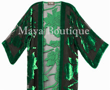 Green Long Kimono Jacket Silk Burnout Velvet No Fringe Maya Matazaro