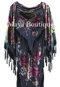 Piano Shawl Scarf Wrap Black Victorian Rose Silk Burnout Velvet Beaded Fringes