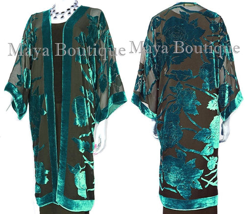 Teal Long Kimono Jacket Silk Burnout Velvet No Fringe Maya Matazaro