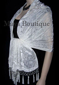 Silk Shawl Wrap Scarf Burnout Velvet Beaded Oblong IVORY Medalion Maya Matazaro