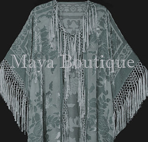 Sage Green Kimono Duster Fringe Jacket Silk Burnout Velvet Maya Matazaro Plus