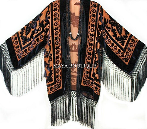 Tangerine & Black Fringe Jacket Kimono Bolero Silk Burnout Velvet Maya Matazaro