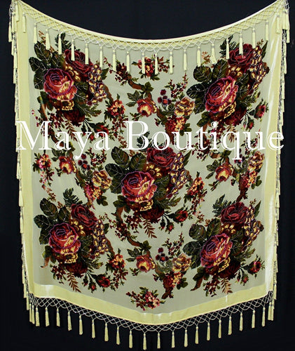 Piano Shawl Scarf Wrap Vanilla Victorian Rose Silk Burnout Velvet All Beaded