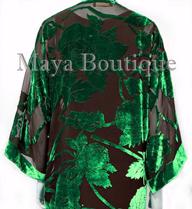 Green Long Kimono Jacket Silk Burnout Velvet No Fringe Maya Matazaro