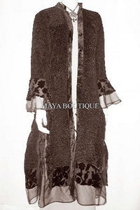 Dress Coat Crinkle Silk Velvet Organza Ruffle Chocolate XL Maya Matazaro