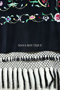 Embroidered Silk Piano Shawl Wrap Flamenco Roses Black Fringe 61" Maya Matazaro
