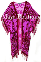 Maya Matazaro Fuchsia Beaded Silk Burnout Velvet Kimono Opera Coat Fringe Jacket