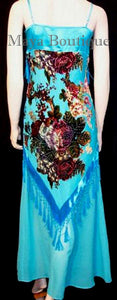 Dress Gown Turquoise Silk Burnout Velvet Beaded Victorian Roses Maya Boutique S
